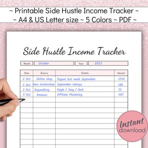 Side Hustle Income Tracker Printable, Paycheck Planner, Income Stream Log, Simple Personal Finance Template, US Letter, A4, PDF