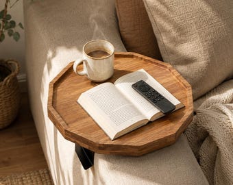 Acacia Wood Sofa Armrest Tray, Adjustable Couch Table with Clamp, Handmade Wooden Sofa Table, Living Room Side Table, Housewarming Gift