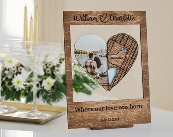 Mothers day Custom map Engraved Wedding Photo Frame, Personalized Wood Frame for mom Pictures, Unique Anniversary or Engagement Gift