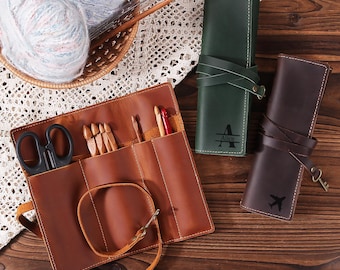 Birthday gift Leather Crochet Accessories Hook Case & Bag | Crochet Organizer Hook Storage Roll, Knitting Needle Case, Crochet Travel Case