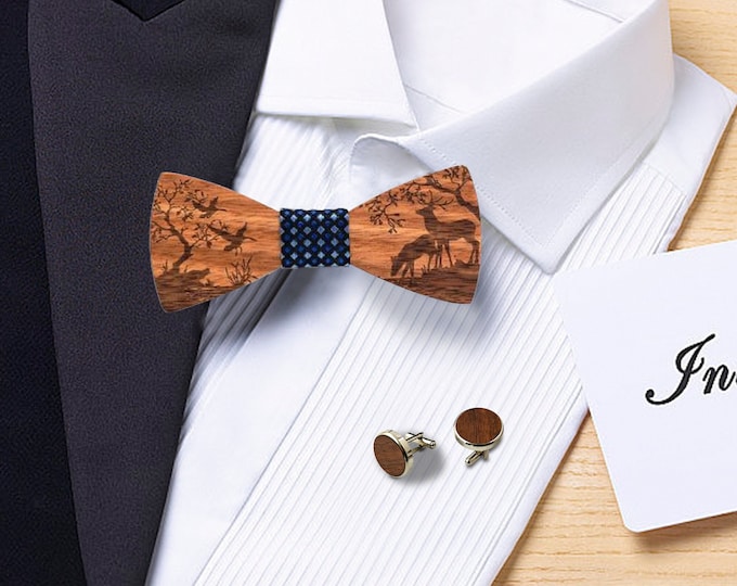 Birthday gift Custom Wooden Bow Tie for Wedding & Prom- Handmade Groomsmen, AnniversaryGift Set with Personalized Cufflinks- Handkerchief