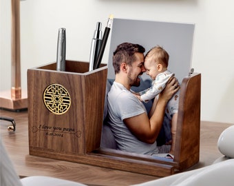 Fathers Day Gift Personalized Pen Holder & Graduation Photo Display-Unique Desk Organizer for 4x6 Pictures, Perfect Gifts for Him, Coworkers