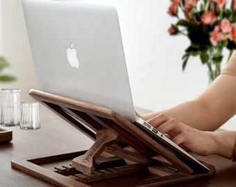 Father's Day Custom Wood Laptop Holder - Macbook Stand, Riser, Desk Setup, Unique & Folding Design for Home Office and New Job Gift