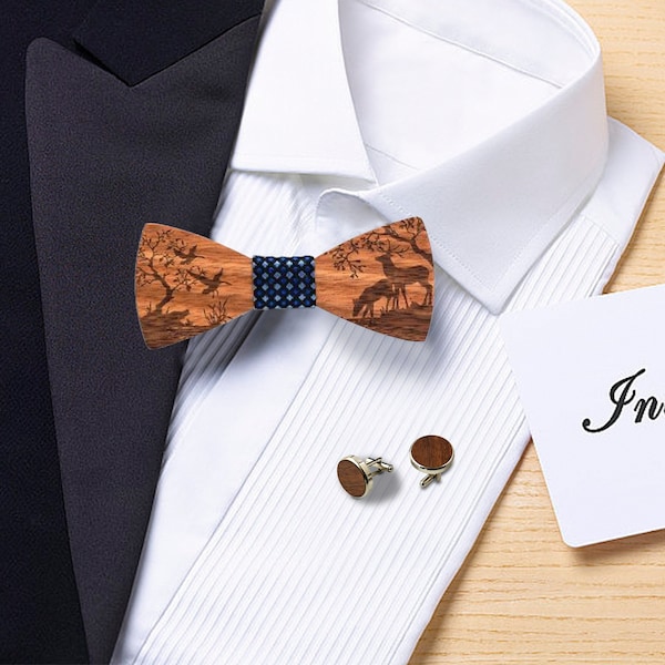 Father's Day Custom Wooden Bow Tie for Wedding & Prom - Handmade Groomsmen Gift Set with Personalized Cufflinks  - Handkerchief