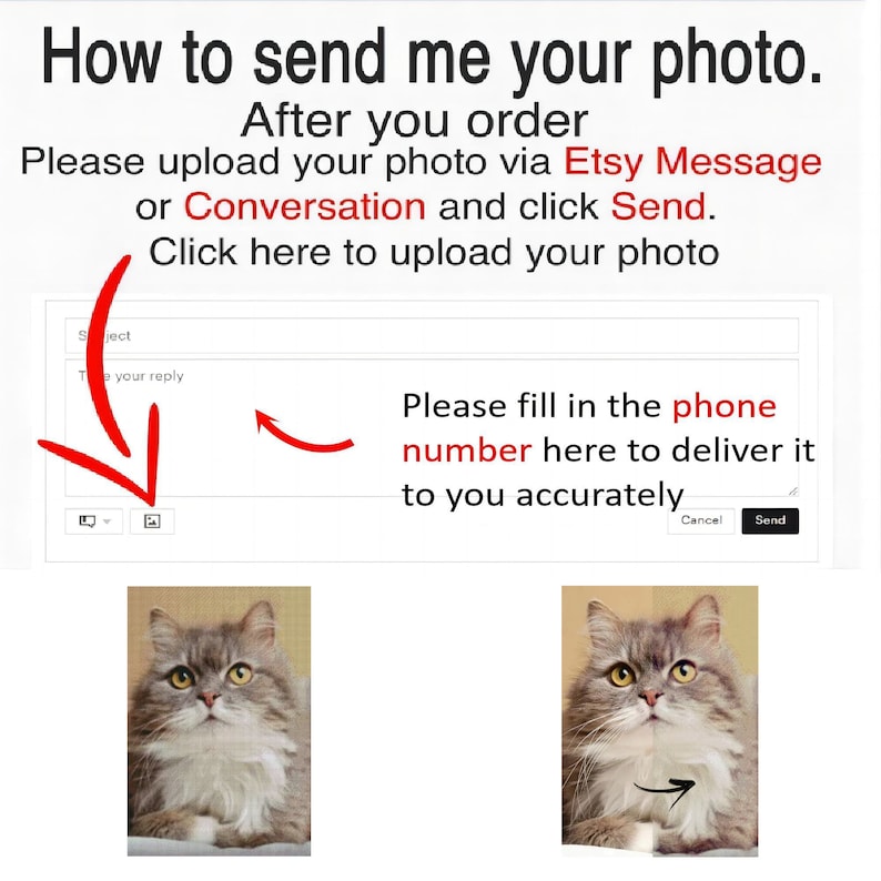 May include: A screenshot of a computer screen showing instructions on how to send a photo via Etsy message or conversation. The instructions include a red arrow pointing to a text box where the user can type their phone number. The text says "Please fill in the phone number here to deliver it to you accurately."