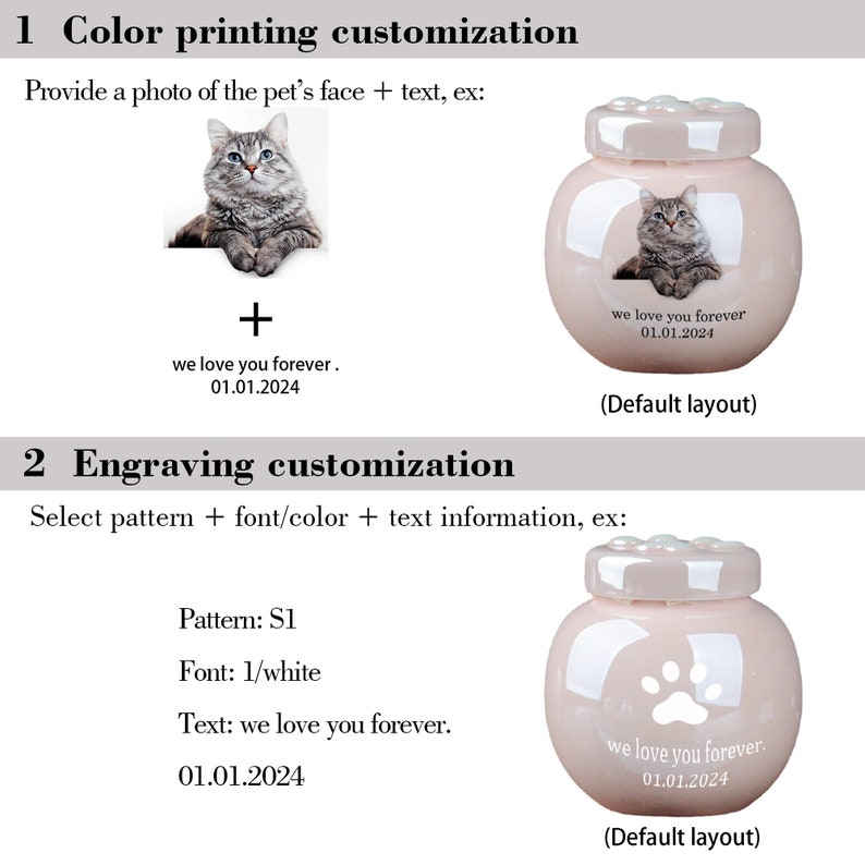 Pu&ograve; includere: Un'urna per animali domestici in ceramica rosa con un design a forma di impronta di zampa. L'urna ha un coperchio ed &egrave; decorata con punti bianchi. Il testo "we love you forever. 01.01.2024" &egrave; inciso sull'urna.
