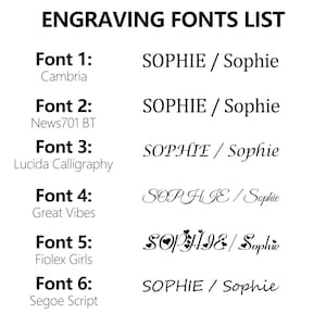 Pu&ograve; includere: Un elenco di sei diversi font per l'incisione, ognuno con la parola "SOPHIE" scritta nel font. I font sono Cambria, News701 BT, Lucida Calligraphy, Great Vibes, Fiolex Girls e Segoe Script.