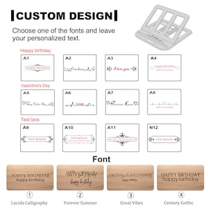 May include: A graphic displaying various font options for a personalised wooden phone stand. The stand is depicted in the top left corner of the image. The font options are presented in a grid with different text examples, such as "Happy Birthday", "I love you", and "Forever Love". The font options are labelled with letters A1 through A12. The bottom of the image showcases four different font styles with the text "HAPPY BIRTHDAY happy birthday" in each style. The font styles are labelled with numbers 1 through 4. The font styles are labelled with the names "Lucida Calligraphy", "Forever Summer", "Great Vibes", and "Century Gothic".