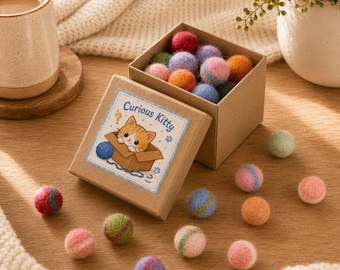 Handmade Felt Cat Toy Balls, Wool Striped & Solid Felt Ball Set with Catnip Pouch, Colorful Cat Gift for Cat Lovers Birthday