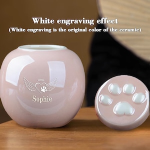 Pu&ograve; includere: Urna per animali domestici in ceramica rosa con un design a forma di impronta di zampa bianca e ali d'angelo. L'urna &egrave; incisa con il nome "Sophie".