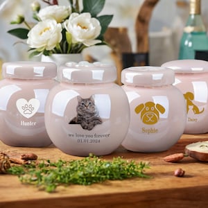 Pu&ograve; includere: Tre urne per animali domestici in ceramica rosa con disegni di impronte di zampe dorate. Le urne sono personalizzate con i nomi Hunter, Sophie e Daisy. L'urna al centro ha una foto di un gatto che spunta da un'apertura a forma di cuore. Il testo "we love you forever 01.01.2024" &egrave; inciso sull'urna.