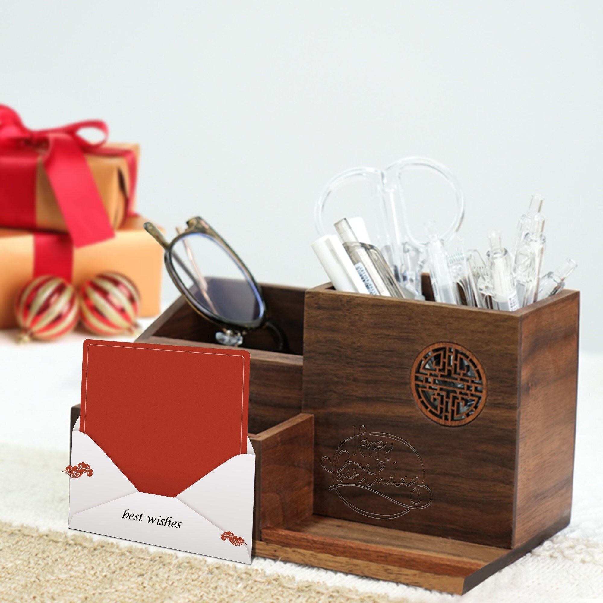 Christmas Sale 25% off Limited Time Pen and Pencil Caddy With Business Card  Holder, Desk Organizer, Walnut, Wood 