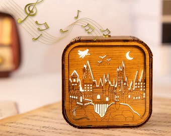 Fathers Day Gift Magic School Personalized Engraved Music Box Wood 3D Music Box Night Light Music Box Spirited Away Unique Gift for Kid Her