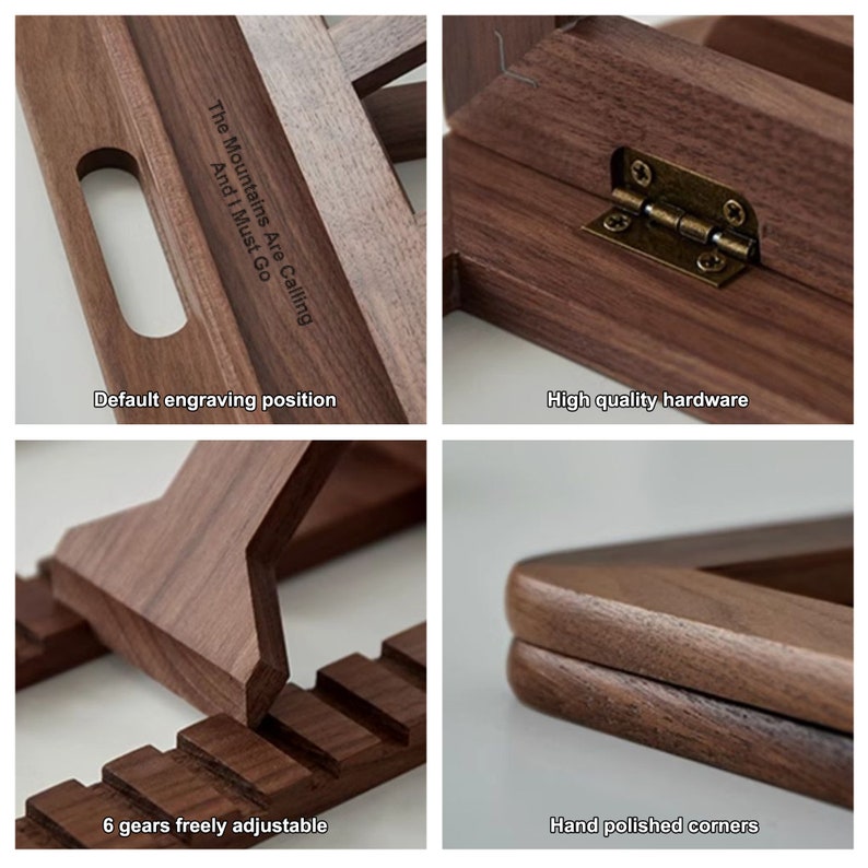 May include: A wooden laptop stand with six adjustable gears, a high-quality brass hinge, and hand-polished corners. The stand features a default engraving position with the text "The Mountains Are Calling And I Must Go".