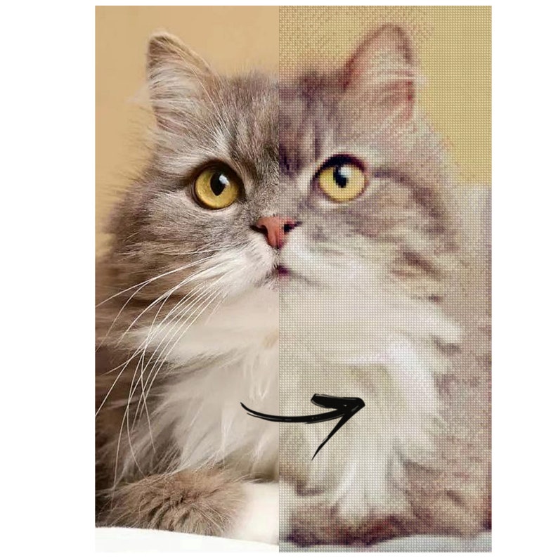 May include: A close-up of a grey and white cat with yellow eyes. The left side of the image shows a realistic photo of the cat, while the right side shows a pixelated version of the cat.