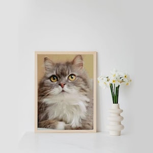 May include: A framed print of a grey and white cat with yellow eyes looking upwards. The cat is sitting in a relaxed pose with its paws tucked under its body. The frame is made of wood and has a light brown finish.