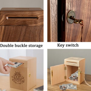 Peut inclure: Une bo&icirc;te &agrave; monnaie en bois avec une serrure &agrave; cl&eacute; et une fente pour ins&eacute;rer de l'argent. La bo&icirc;te a un motif d&eacute;coratif sur le devant et est en bois fonc&eacute;.