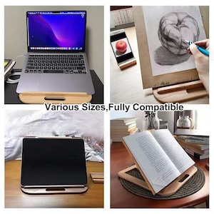 May include: A wooden laptop stand with a handle, shown supporting a laptop, tablet, and book. The stand is designed to elevate devices for comfortable viewing and ergonomic use. "Various Sizes, Fully Compatible" is written on the stand.