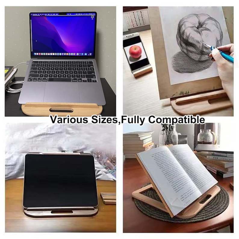 May include: A wooden laptop stand with a handle, shown supporting a laptop, tablet, and book. The stand is designed to elevate devices for comfortable viewing and ergonomic use. "Various Sizes, Fully Compatible" is written on the stand.