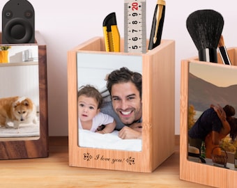 Birthday gift Custom Wood Pencil Holder - Personalized Desk Organizer and  Photo Display - Graduation & Anniversary gift for Him/Her