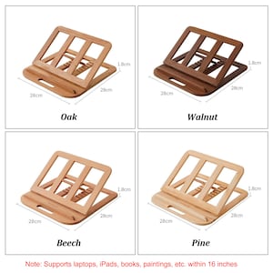 May include: Four wooden bookends in different wood finishes: oak, walnut, beech, and pine. Each bookend is 28 cm wide and 1.8 cm tall. Supports laptops, iPads, books, paintings, etc. within 16 inches.