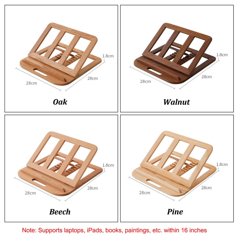 May include: Four wooden bookends in different wood finishes: oak, walnut, beech, and pine. Each bookend is 28 cm wide and 1.8 cm tall. Supports laptops, iPads, books, paintings, etc. within 16 inches.