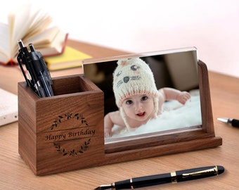 Wood Desk Organizer with Graduation Photo Display, Picture Frame, Fountain Pen Holder -Personalized Office Accessories - mothers day gift