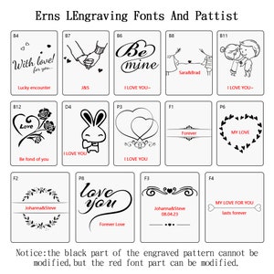 May include: A white sheet with 12 black and white images of different engraving fonts and patterns. The images include hearts, flowers, animals, and text. The text includes "Be mine", "With love", "Forever", "My Love", "I Love You", and "Love you".