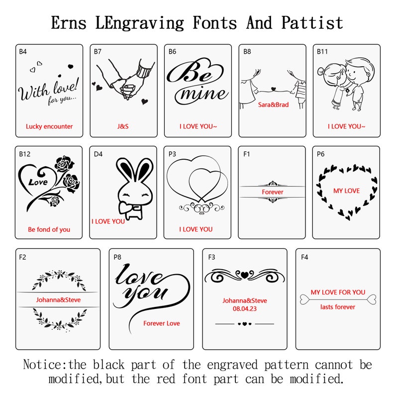 May include: A white sheet with 12 black and white images of different engraving fonts and patterns. The images include hearts, flowers, animals, and text. The text includes "Be mine", "With love", "Forever", "My Love", "I Love You", and "Love you".