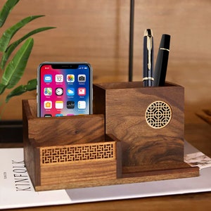 Vatertag Schreibtisch Organizer & Visitenkartenhalter, Walnuss Füllfederhalter, Einzigartiger Holzstift Vitrine, personalisiertes Geschenk für Sie und Ihn