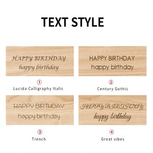 May include: Four different text styles for "HAPPY BIRTHDAY happy birthday" on a wood background. The styles are Lucida Calligraphy Italic, Century Gothic, Trench, and Great Vibes.