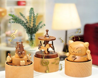 Birthday Gift Personalized Lucky Cat,Carousel,Bear Music Box Handmade Wood Custom Engraved Music Box Anniversary Gifts Unique Gifts For Her