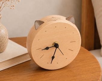 Cute Cat Shape Small Wood Clock, Marker Dial Table Clock, Farmhouse Desk Ornament, Baby Shower Favor, Minimalist Decor Gift