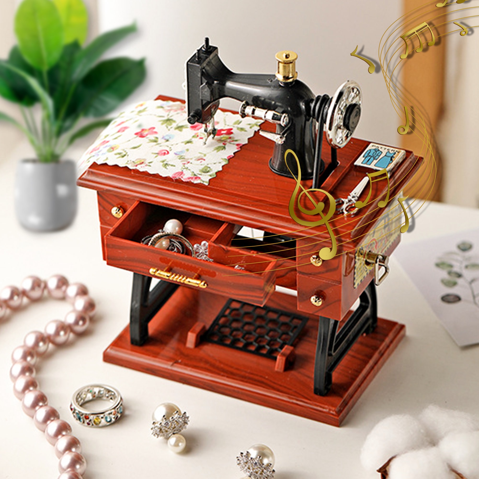  G Ganen Musical Sewing Machine Music Box Vintage Look (Brown-1)