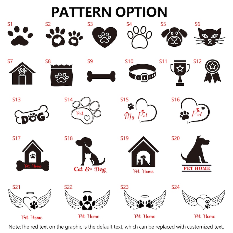 Pu&ograve; includere: Un grafico con 24 diverse opzioni di design a tema animali domestici per la personalizzazione di un prodotto. I design includono impronte di zampe, cuori, ossa, silhouette di cani e gatti e case. Il testo "Pet Home" appare in rosso su alcuni dei design.