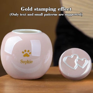Pu&ograve; includere: Un'urna in ceramica rosa con un'impronta di zampa dorata e il nome "Sophie" inciso su di essa. L'urna &egrave; accanto a un coperchio in ceramica rosa pi&ugrave; piccolo con un disegno a forma di cuore bianco.