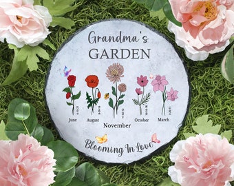 Pierre de jardin personnalisée | Cadeau de fête des mères pour grand-père/grand-mère | Fleur de naissance | Décoration extérieure personnalisée | Cadeau jardin pour père