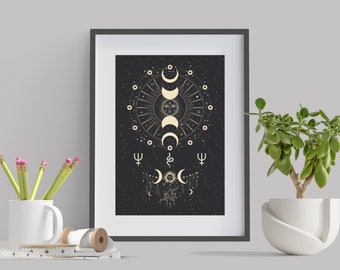 Celestial Moon Phase Poster || Astrology | Lunar Print | Black & White | Boho | PNG | A4 | Wall Art | Digital Printable | Instant Download