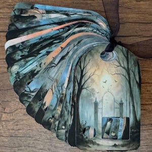 May include: A collection of illustrated tags tied together with a brown ribbon. The tags feature a fantasy landscape with trees, a gate, and a full moon. The color palette includes shades of blue, green, and brown.
