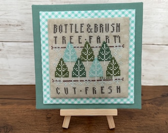 Bottle and Brush Farm Cross Stitch Art with Display Easel, Fresh Cut Trees, Christmas Decor