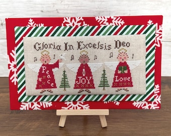 Angels Singing Cross Stitch Art with Display Easel, Gloria in Excelsis Deo, Rustic Christmas Decor