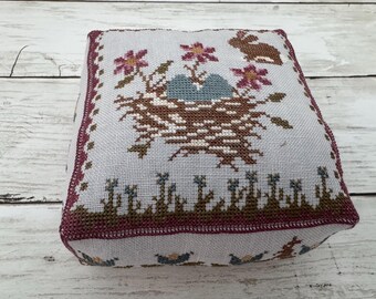 Handmade Cross Stitch Bird Nest Pinkeep,  Rustic Decor