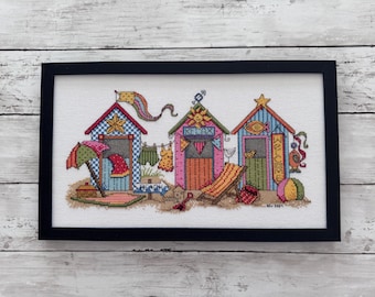 Completed Framed Cross Stitch - Beach Cabanas Another Day In Paradise - Coastal Cottage Wall Art 15 x 9