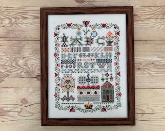 Dutch Style Cross Stitch Sampler Framed Wall Art, Heirloom Needlework Wall Decor