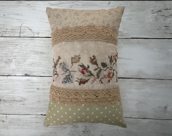 Handmade Cross Stitch Delicate Rosebud Vine Pillow,  Antique Look