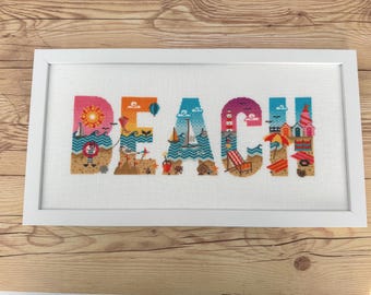 Beach Cross Stitch Framed Art, Coastal Wall Decor, Beach Word Art