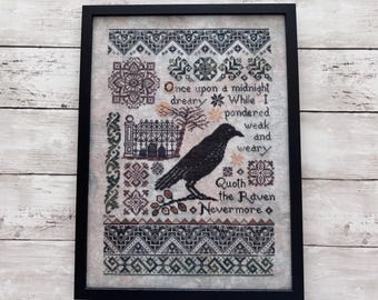 Completed Framed Cross Stitch Sampler - Edgar Allan Poe Quote The Raven Nevermore - Gothic Needlepoint Wall Art 12x16