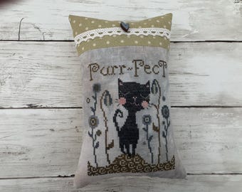 Handmade Cross Stitch Black Cat in Flowers Pillow,  Folk Art