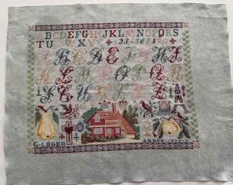 G. Leger 1898 Reproduction Cross Stitch French Sampler, Ready to Frame