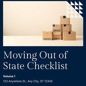 May include: A promotional image for a moving checklist. The image features stacked cardboard boxes with the text "IIMOVE", "IIMOVET", and "IINEVY". The title "Moving Out of State Checklist" is displayed with the tagline "Start your journey".